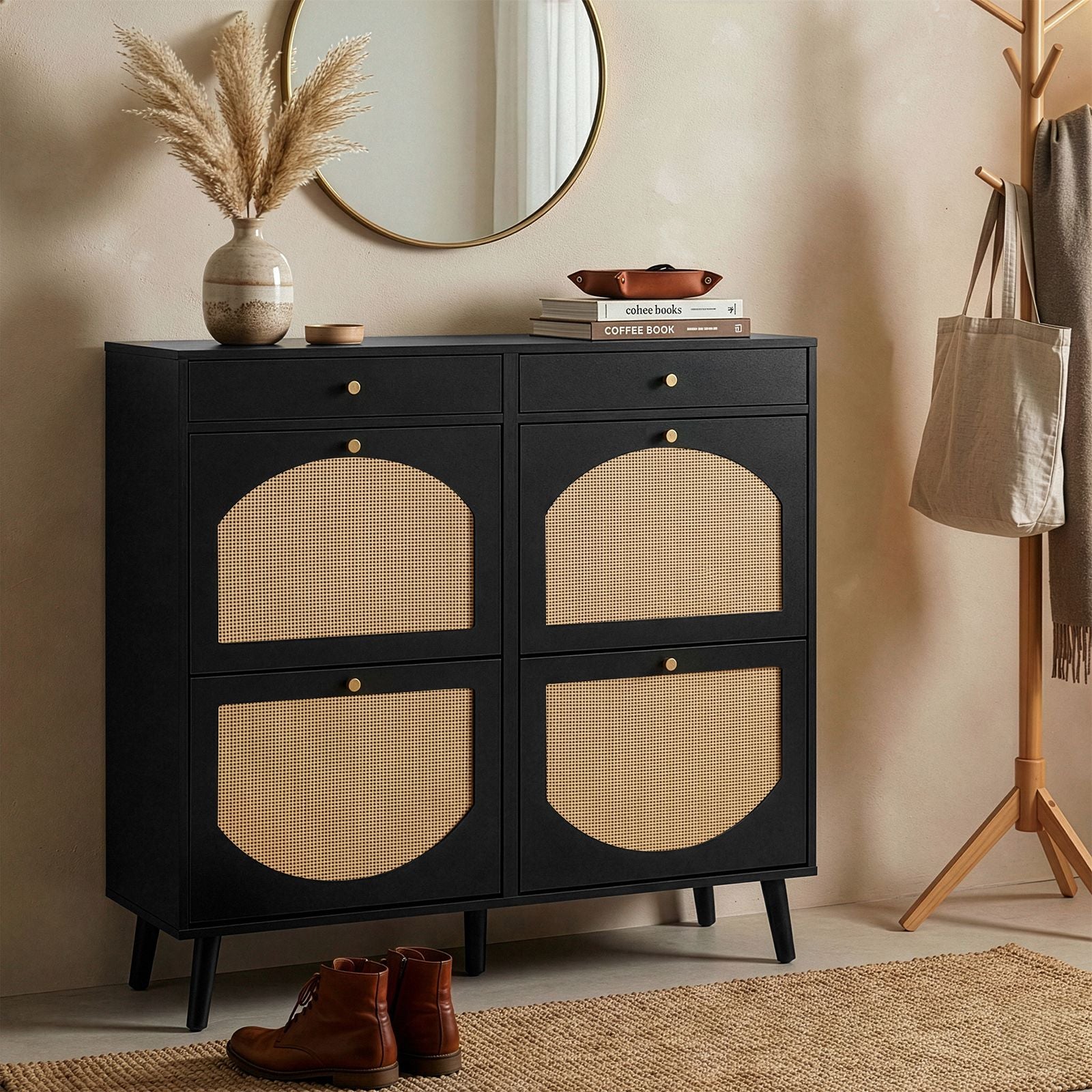Black Shoe Cabinet with Drawers and Flip Compartments