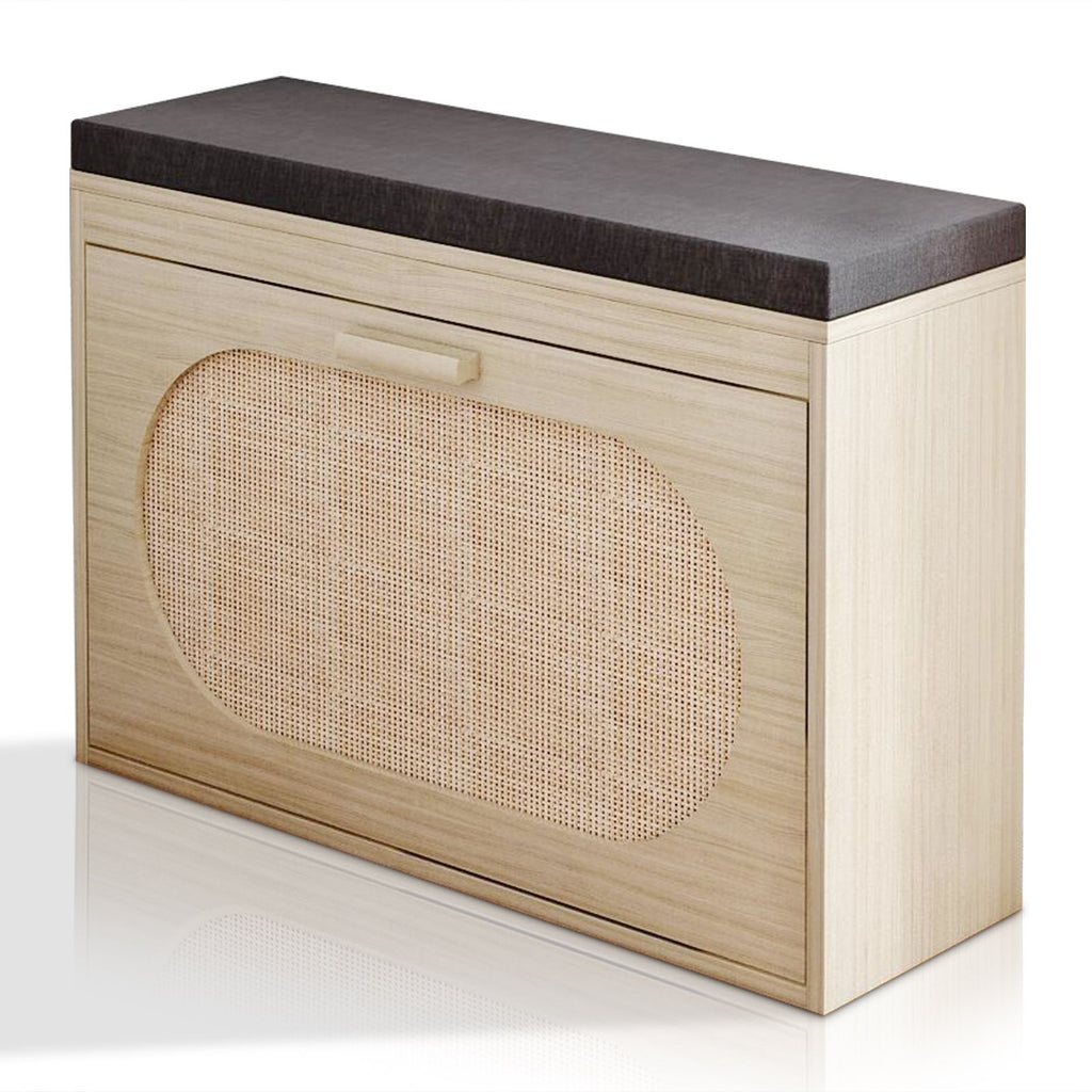 Rattan Shoe Rack with Flip-Drawer and Comfortable Seat Cushion