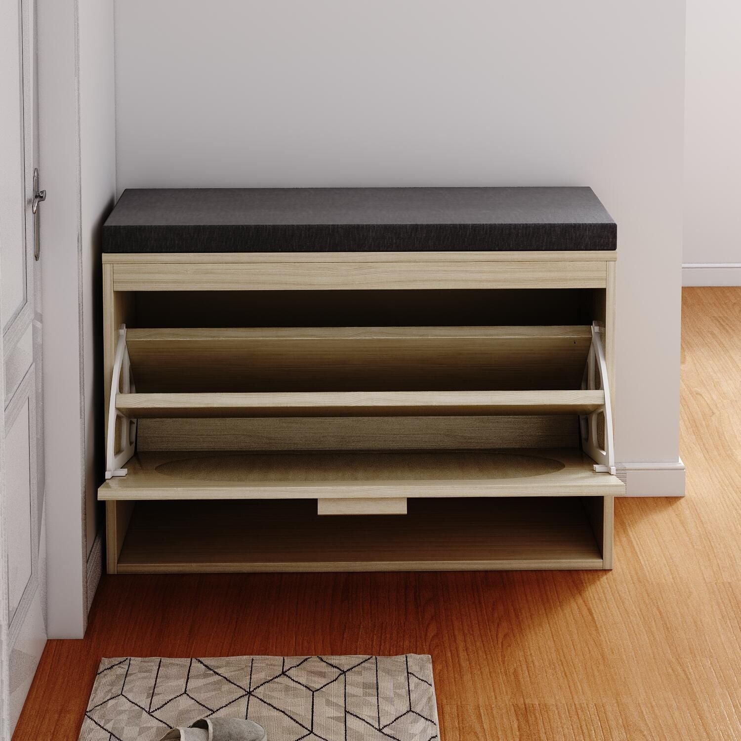 Rattan Shoe Rack with Flip-Drawer and Comfortable Seat Cushion