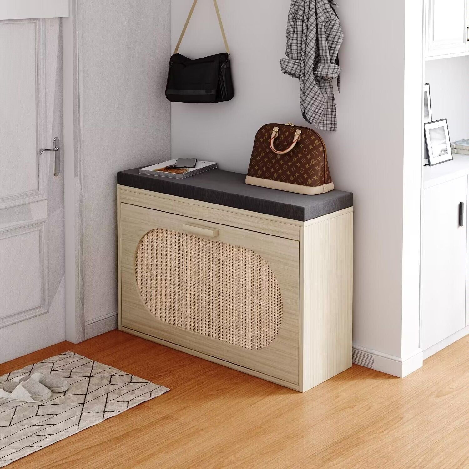 Rattan Shoe Rack with Flip-Drawer and Comfortable Seat Cushion