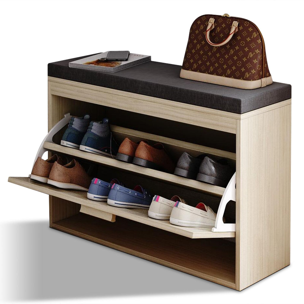 Rattan Shoe Rack with Flip-Drawer and Comfortable Seat Cushion
