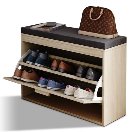 Rattan Shoe Rack with Flip-Drawer and Comfortable Seat Cushion