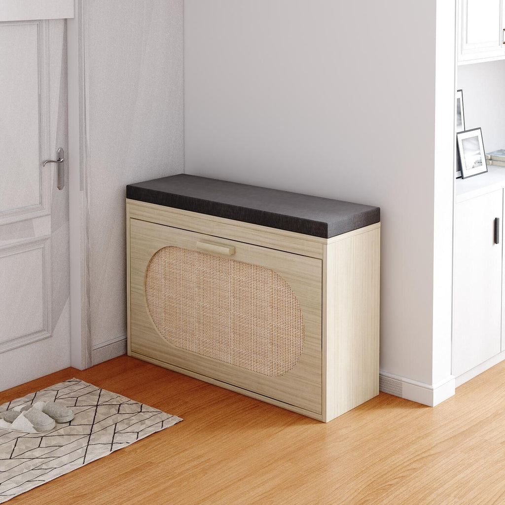 Rattan Shoe Rack with Flip-Drawer and Comfortable Seat Cushion