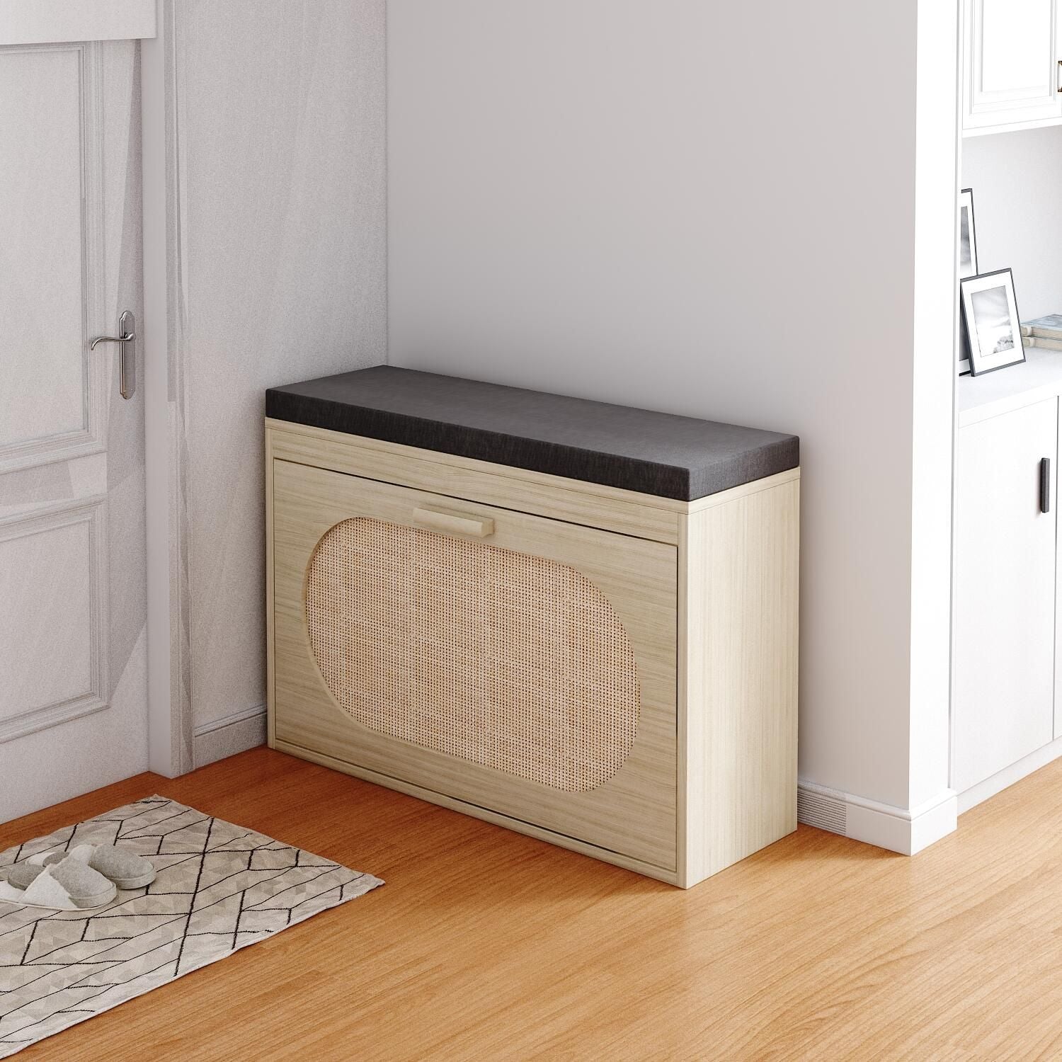 Rattan Shoe Rack with Flip-Drawer and Comfortable Seat Cushion
