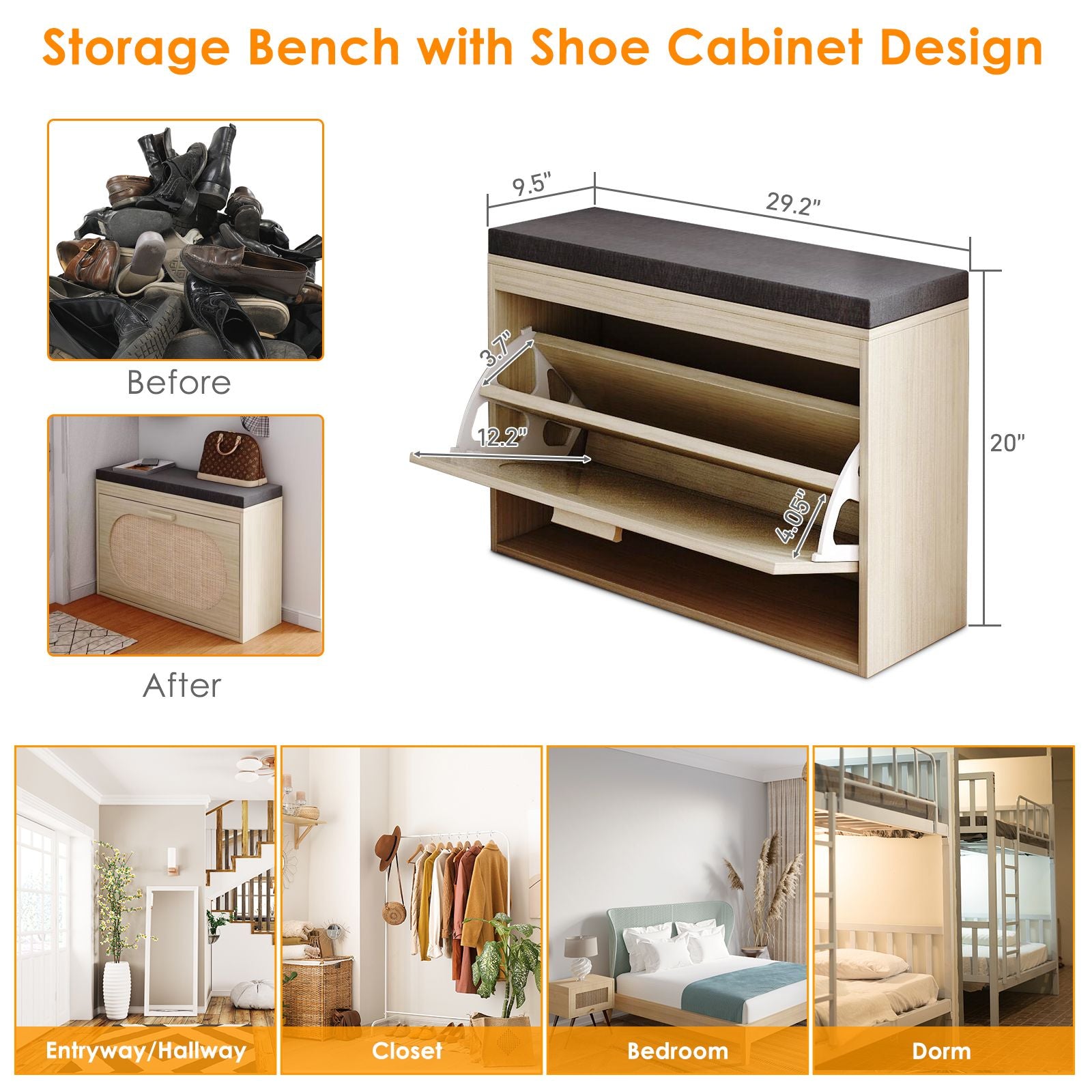 Rattan Shoe Rack with Flip-Drawer and Comfortable Seat Cushion