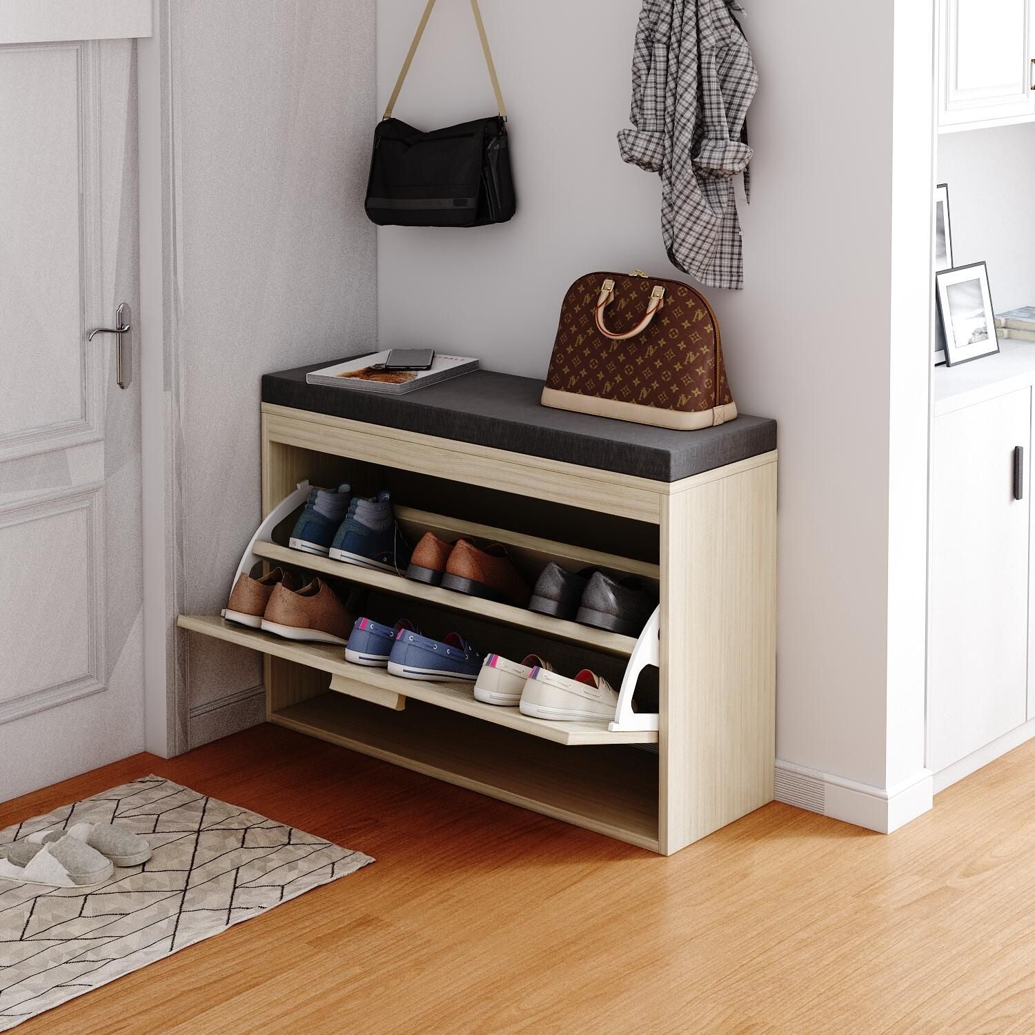 Rattan Shoe Rack with Flip-Drawer and Comfortable Seat Cushion
