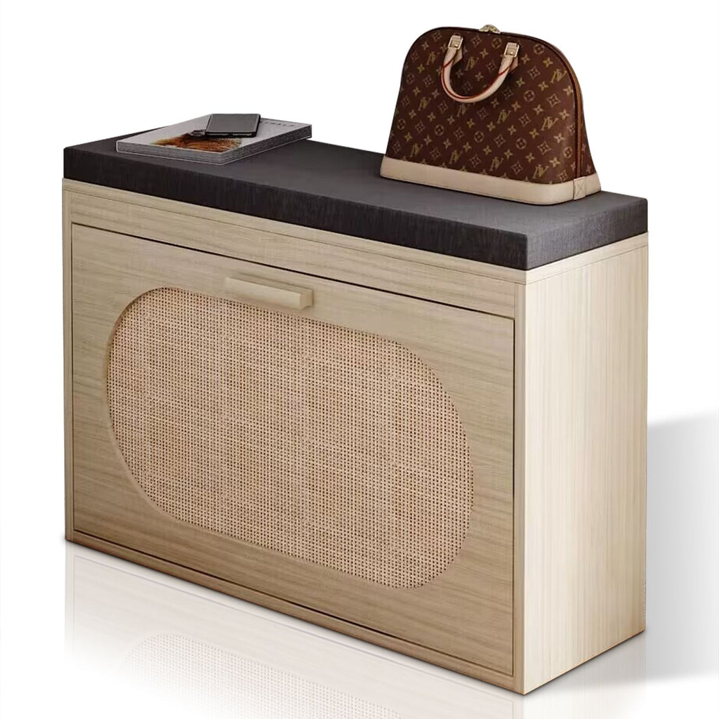 Rattan Shoe Rack with Flip-Drawer and Comfortable Seat Cushion