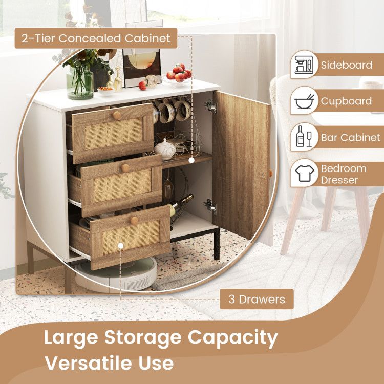 Modern Farmhouse Rattan Sideboard with 3 Drawers