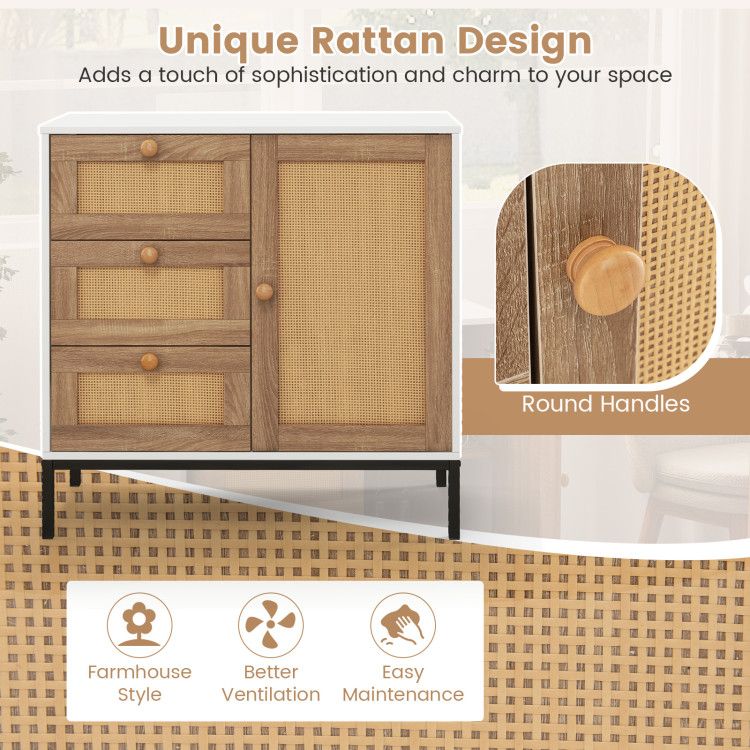 Modern Farmhouse Rattan Sideboard with 3 Drawers
