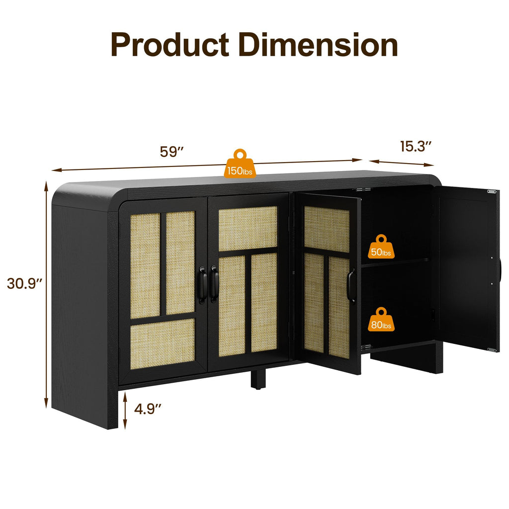 Black Bohemian Sideboard with Woven Door Fronts