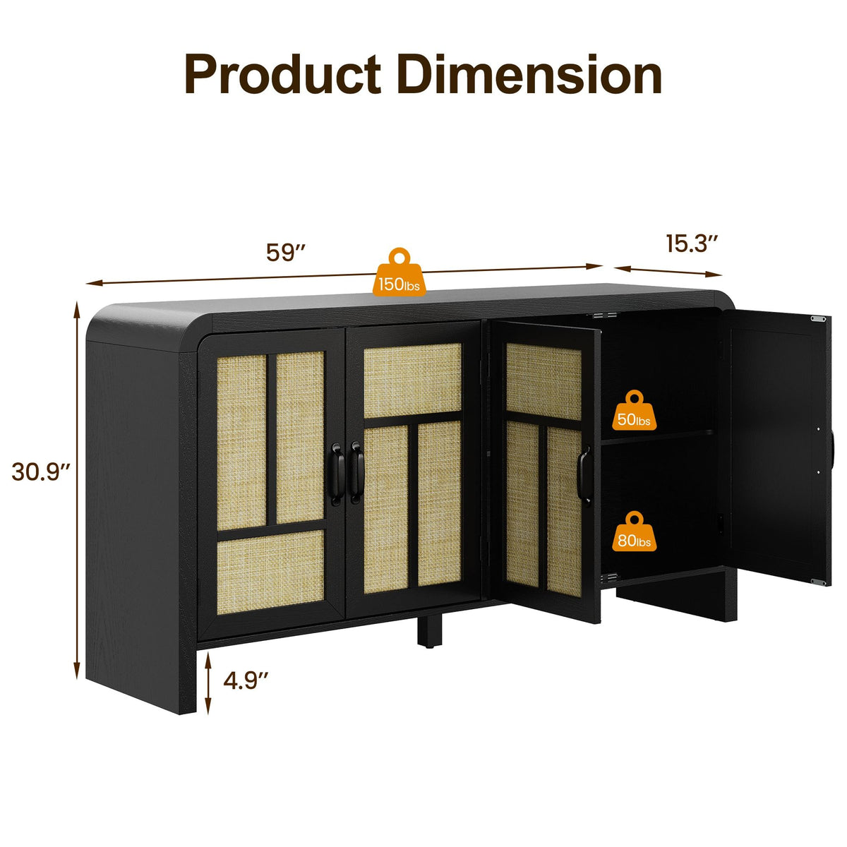 Black Bohemian Sideboard with Woven Door Fronts