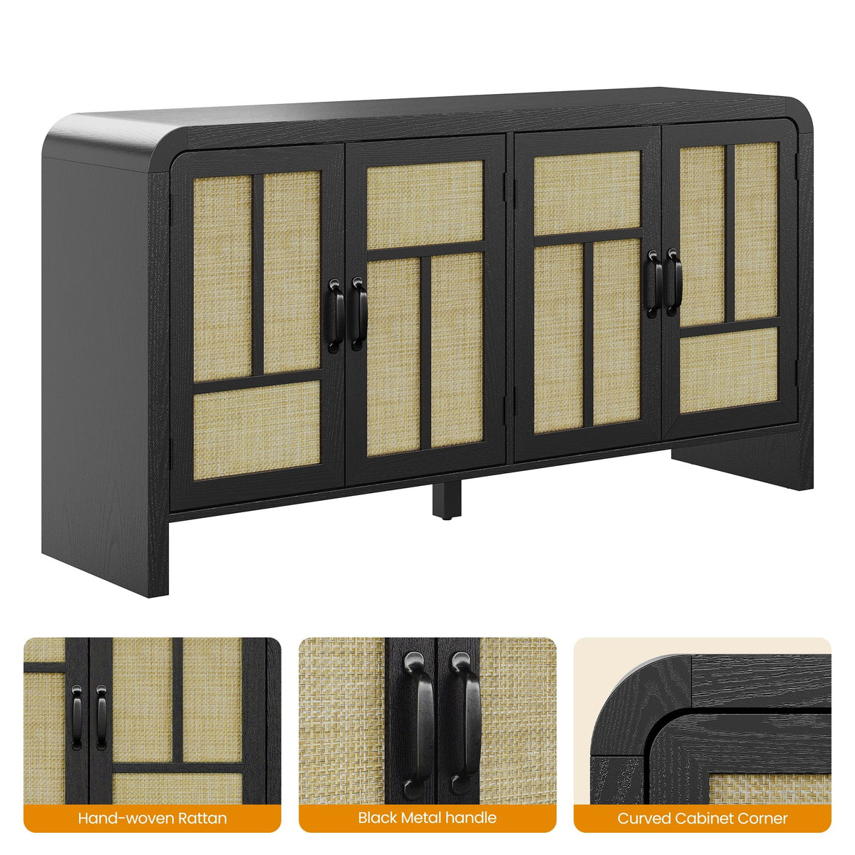 Black Bohemian Sideboard with Woven Door Fronts
