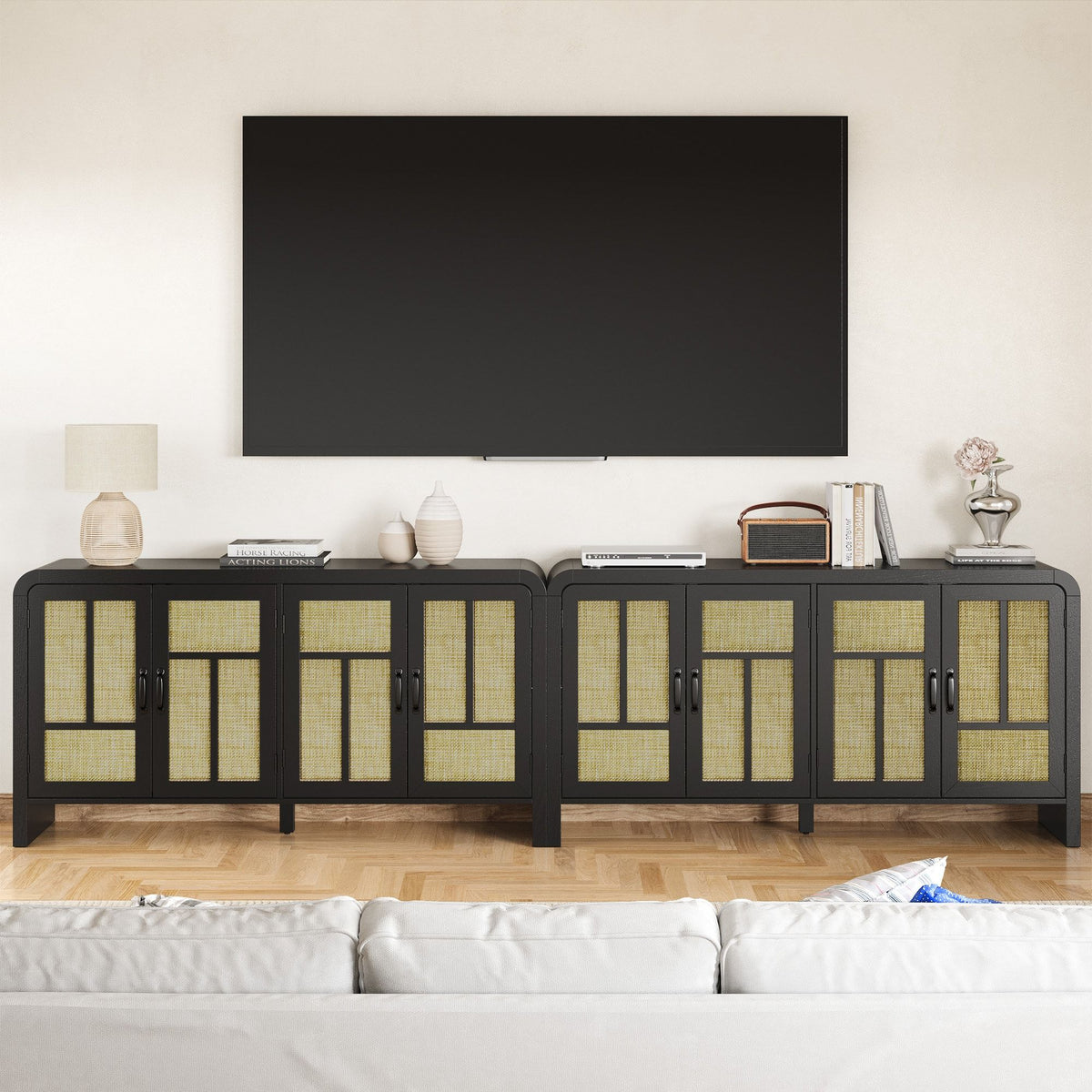 Black Bohemian Sideboard with Woven Door Fronts