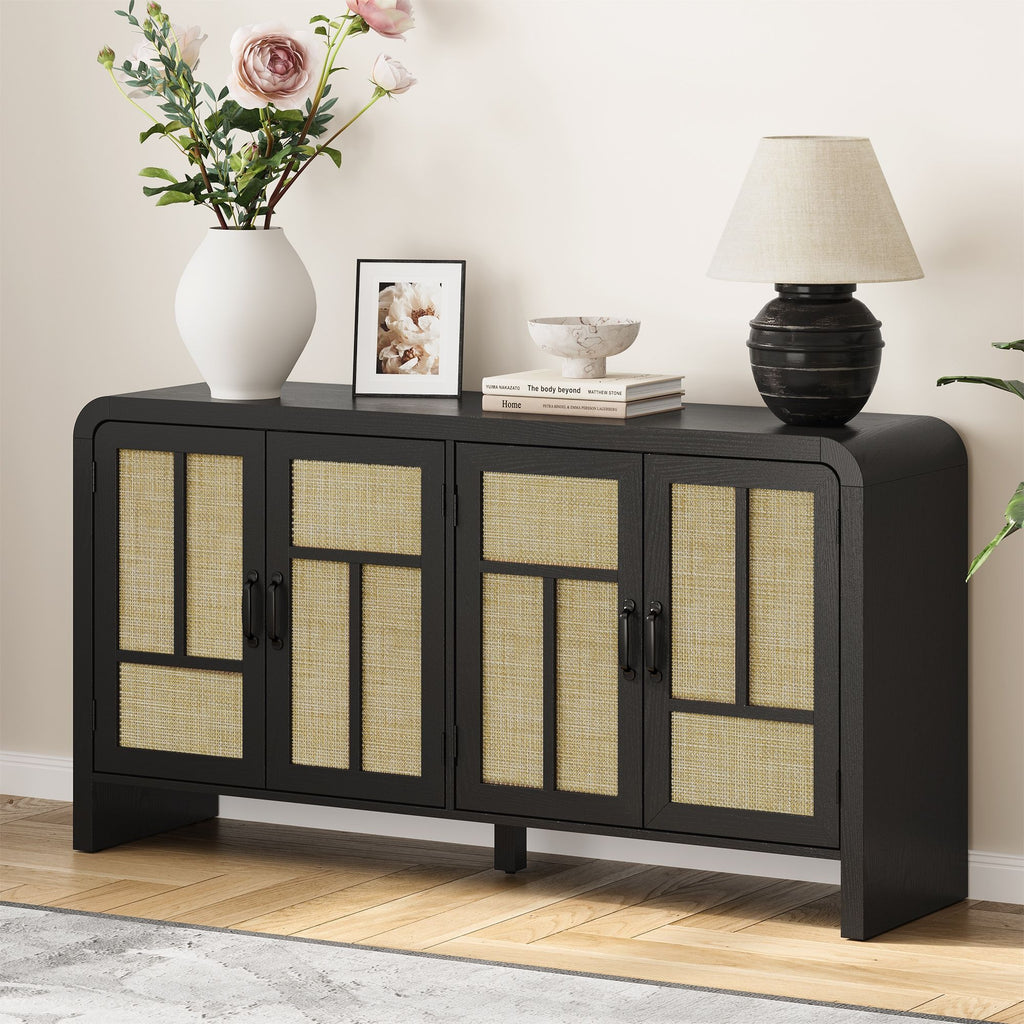 Black Bohemian Sideboard with Woven Door Fronts