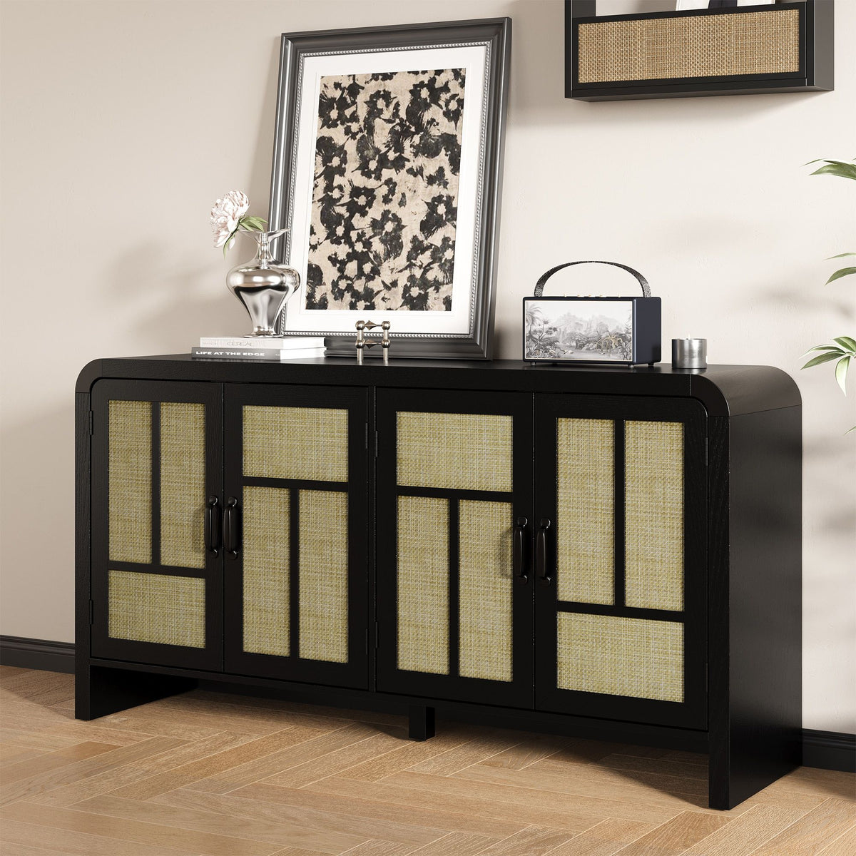 Black Bohemian Sideboard with Woven Door Fronts