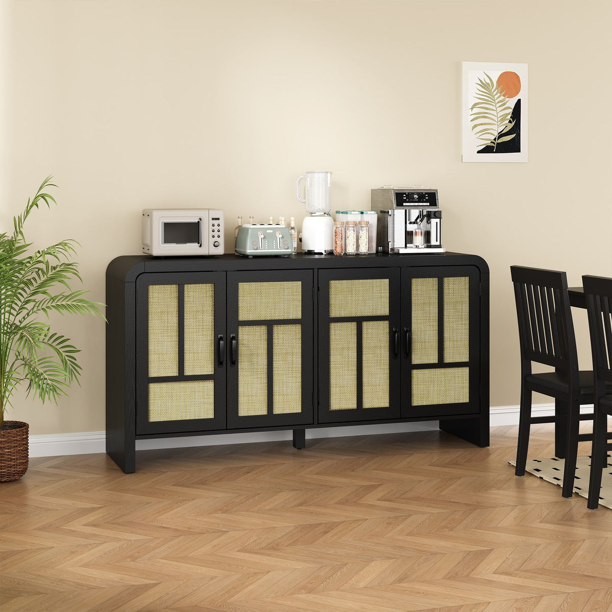 Black Bohemian Sideboard with Woven Door Fronts