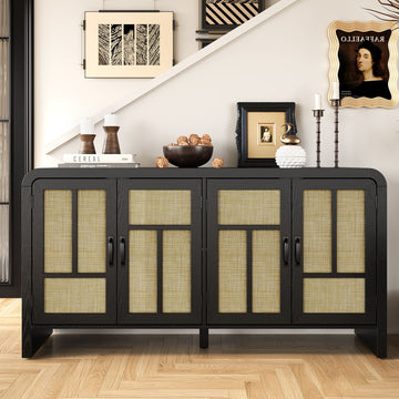 Black Bohemian Sideboard with Woven Door Fronts