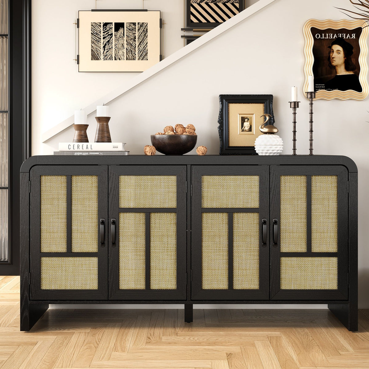 Black Bohemian Sideboard with Woven Door Fronts