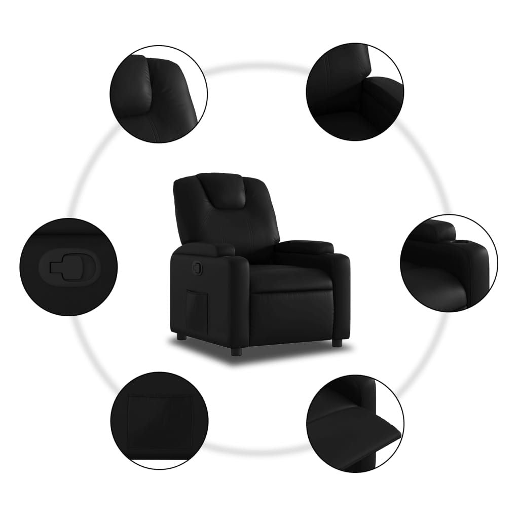 Recliner Chair in Black Faux Leather with Manual Recline and Cup Holders