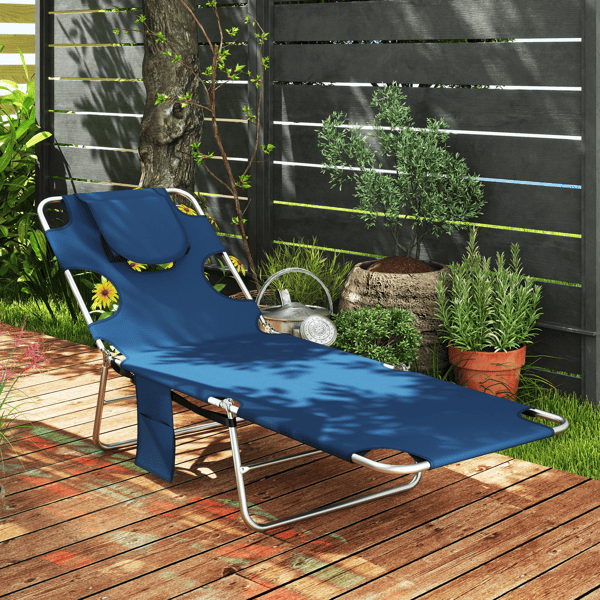 Adjustable Outdoor Lounger with Face Cavity and Side Pocket
