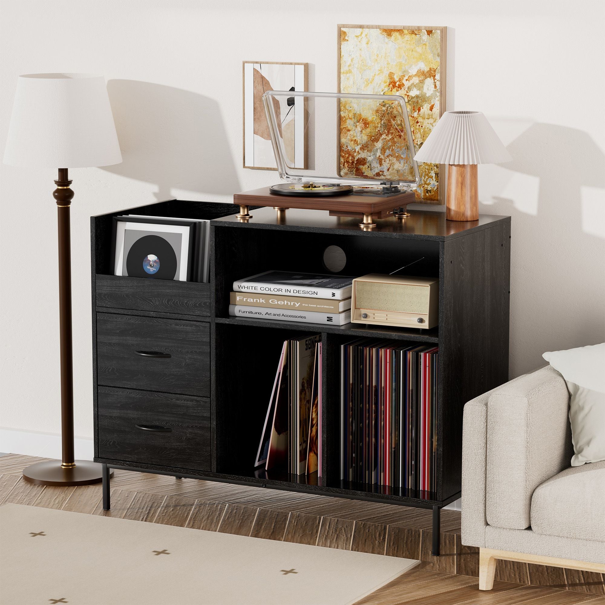 Record Player Stand with Power Outlet & Flip-Down Lid
