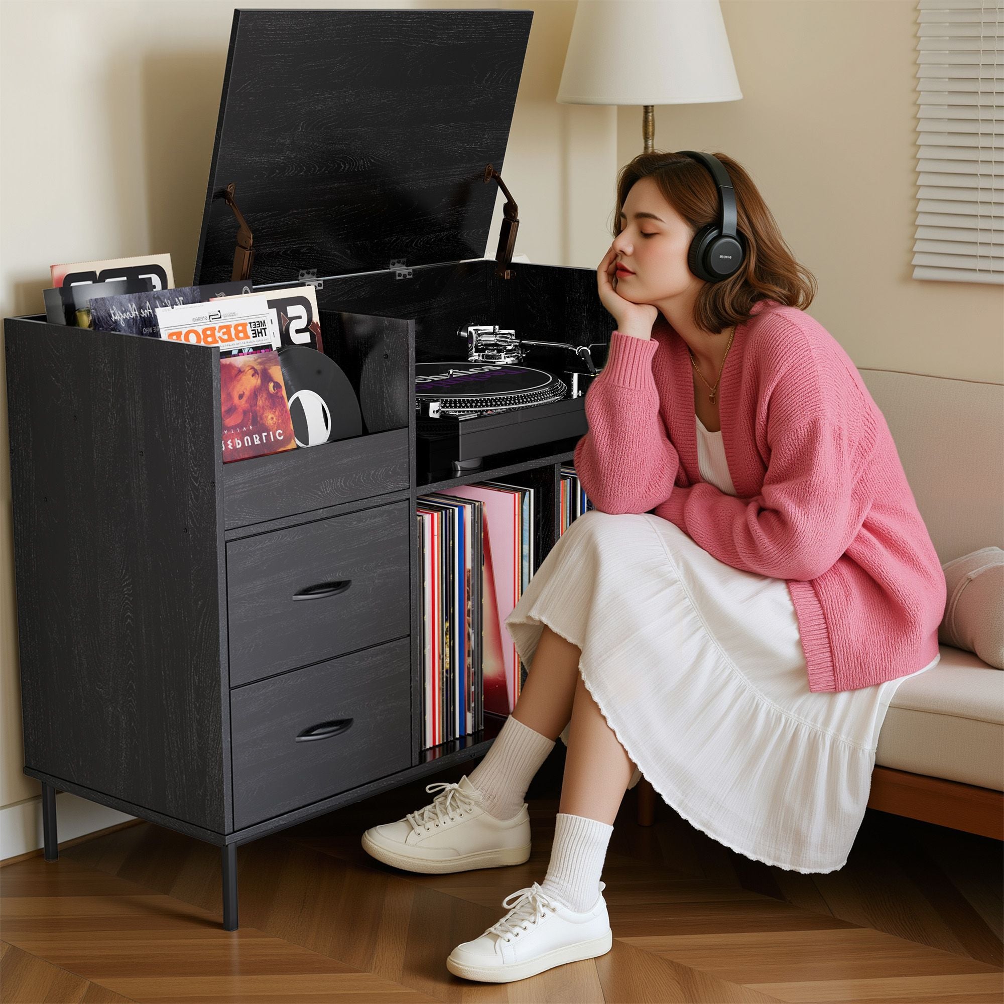 Record Player Stand with Power Outlet & Flip-Down Lid