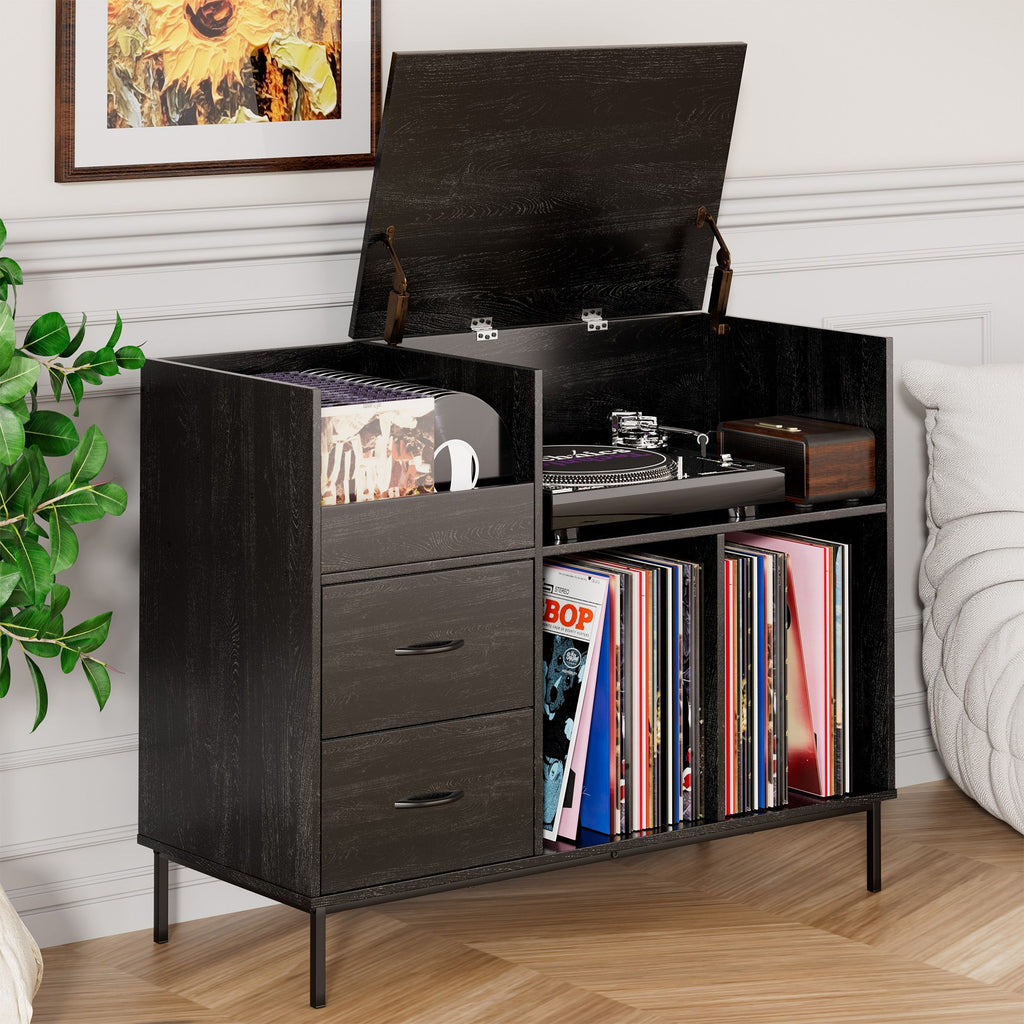 Record Player Stand with Power Outlet & Flip-Down Lid