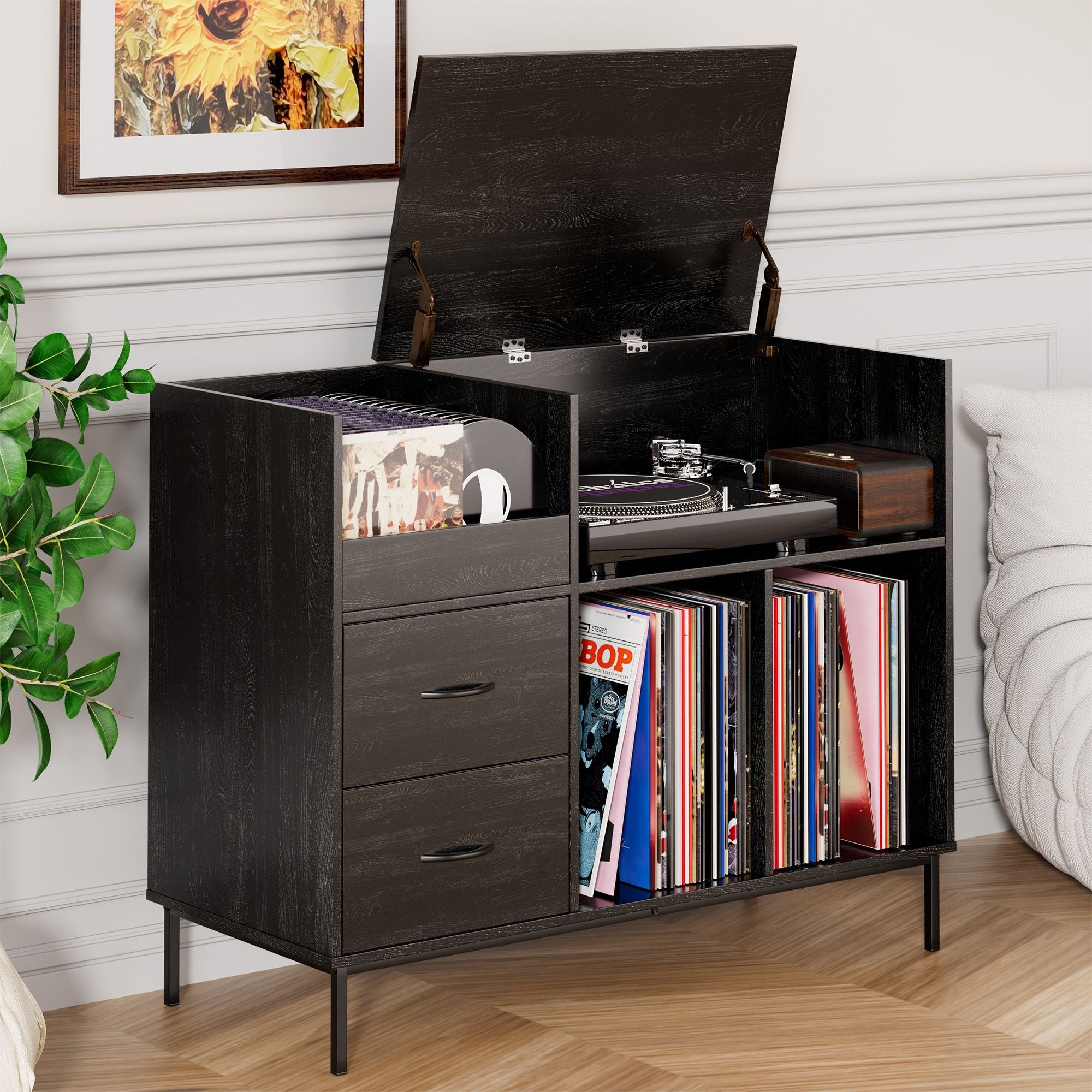 Record Player Stand with Power Outlet & Flip-Down Lid