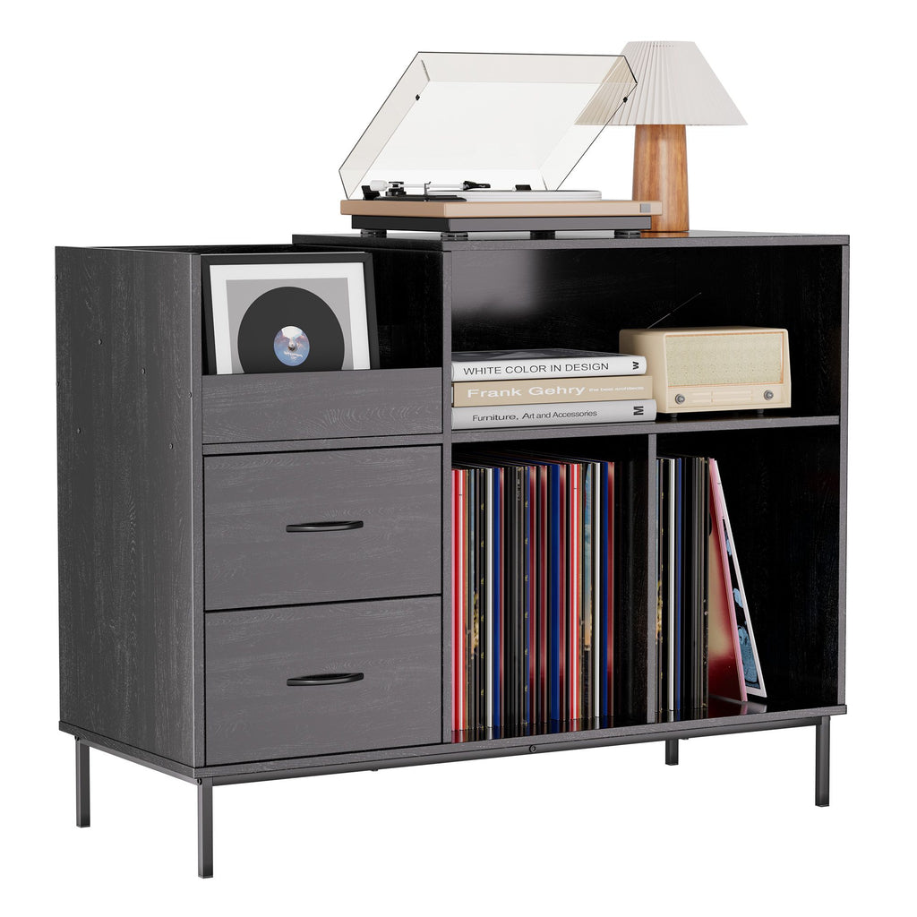 Record Player Stand with Power Outlet & Flip-Down Lid