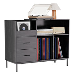 Record Player Stand with Power Outlet & Flip-Down Lid