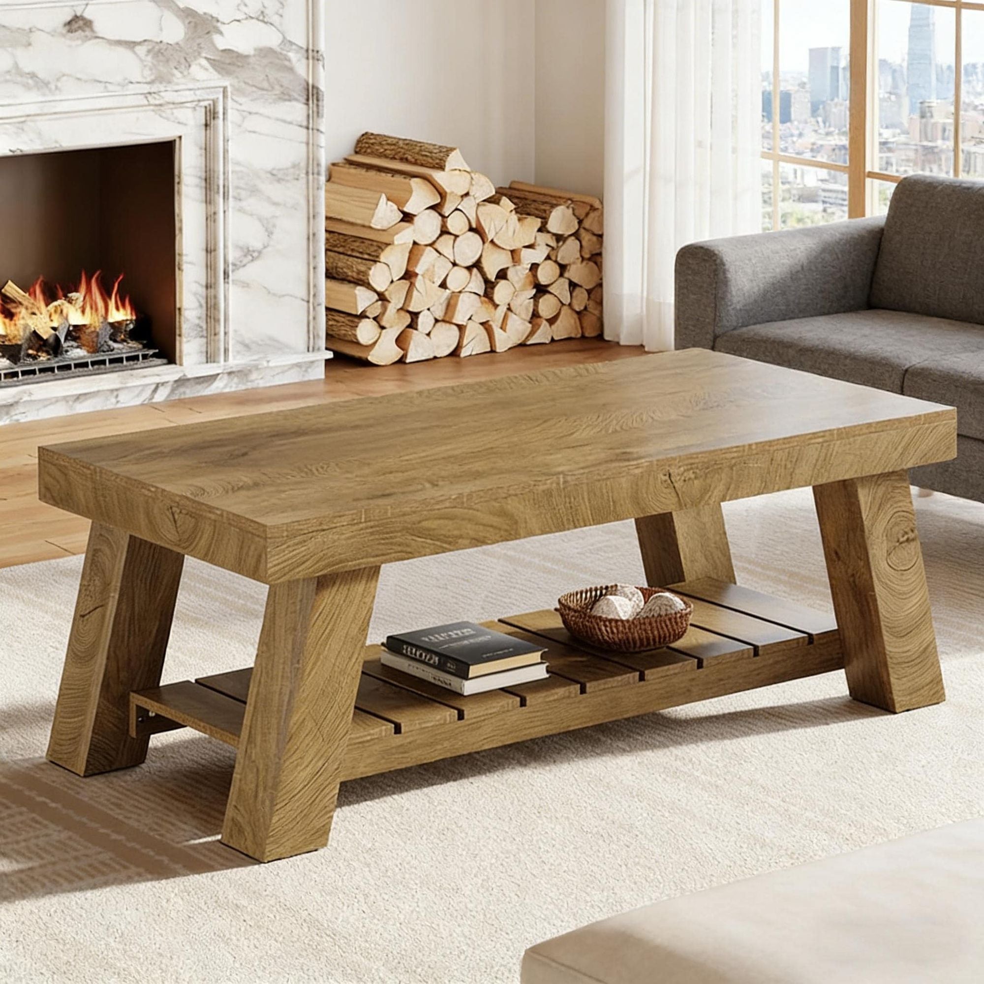 Farmhouse Coffee Table with 2-Tier Storage