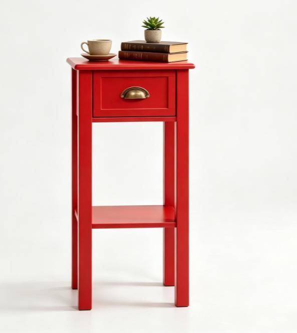 Slim Red Side Table with Drawer and Shelf