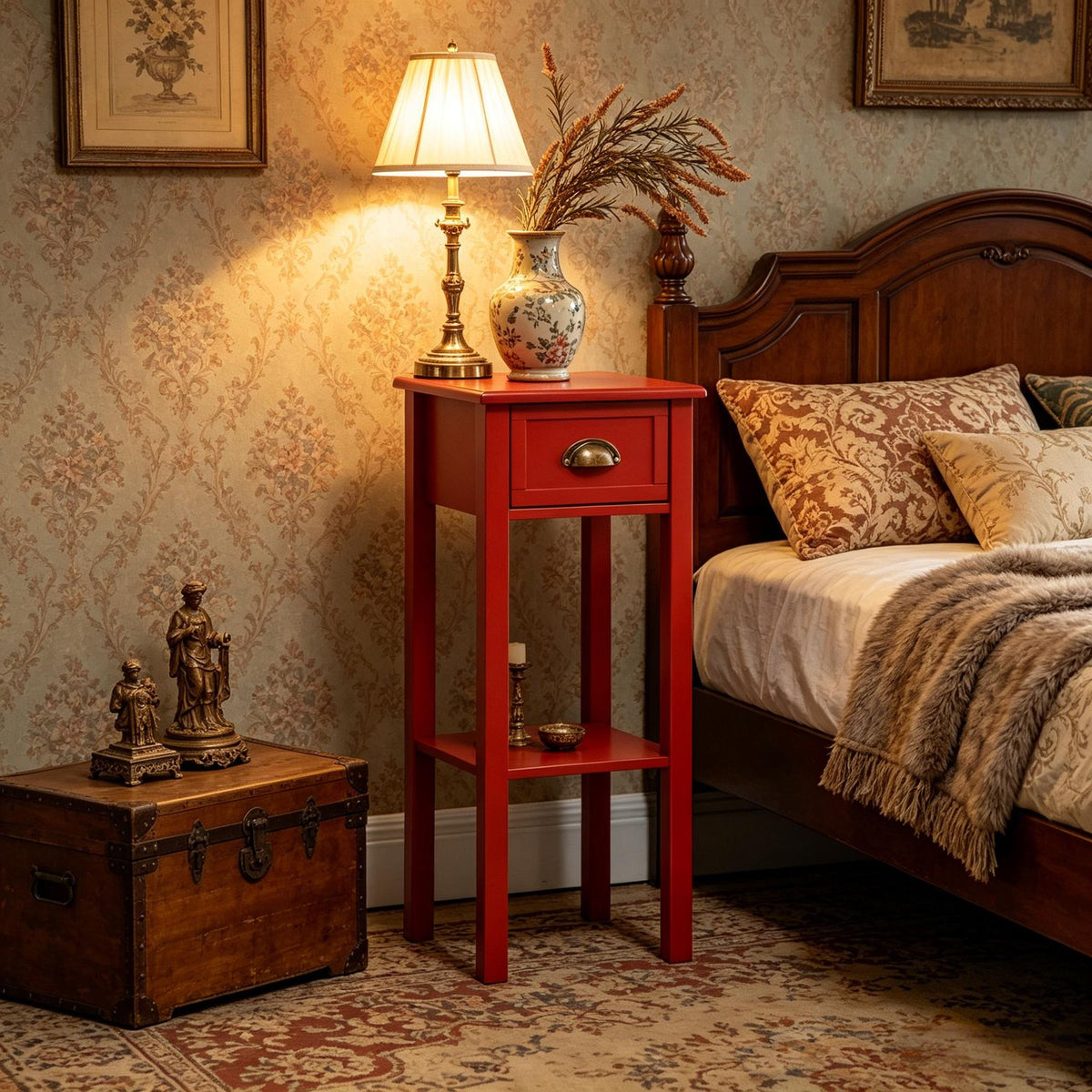 Slim Red Side Table with Drawer and Shelf