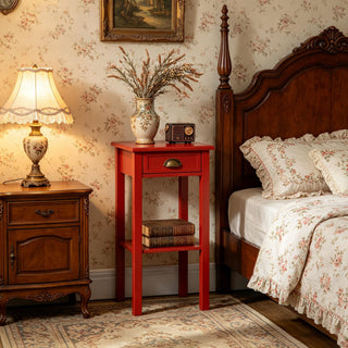 Slim Red Side Table with Drawer and Shelf
