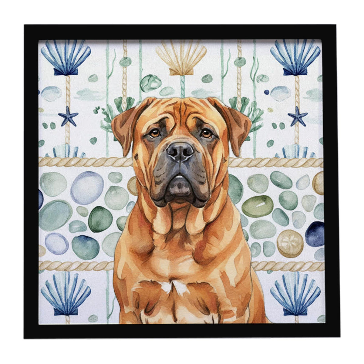 Red Bullmastiff Coastal Sea Glass Framed Wall Art