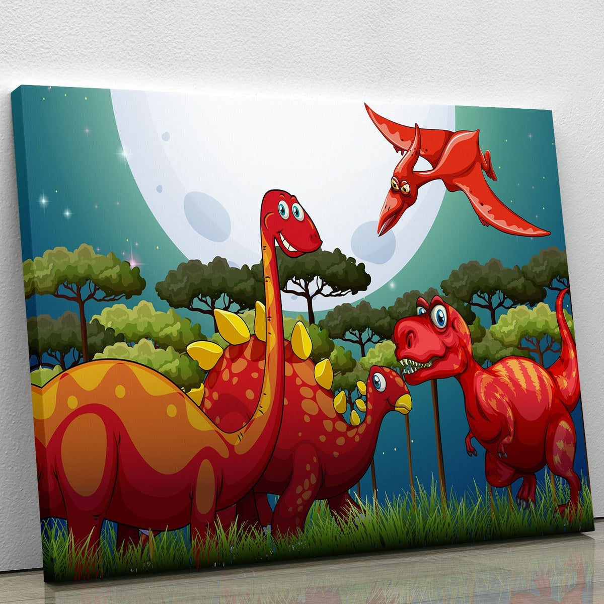 Red Dinosaurs Under Full Moon Canvas Print – High-Quality Wall Art