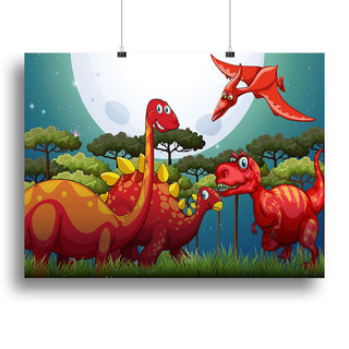 Red Dinosaurs Under Full Moon Canvas Print – High-Quality Wall Art