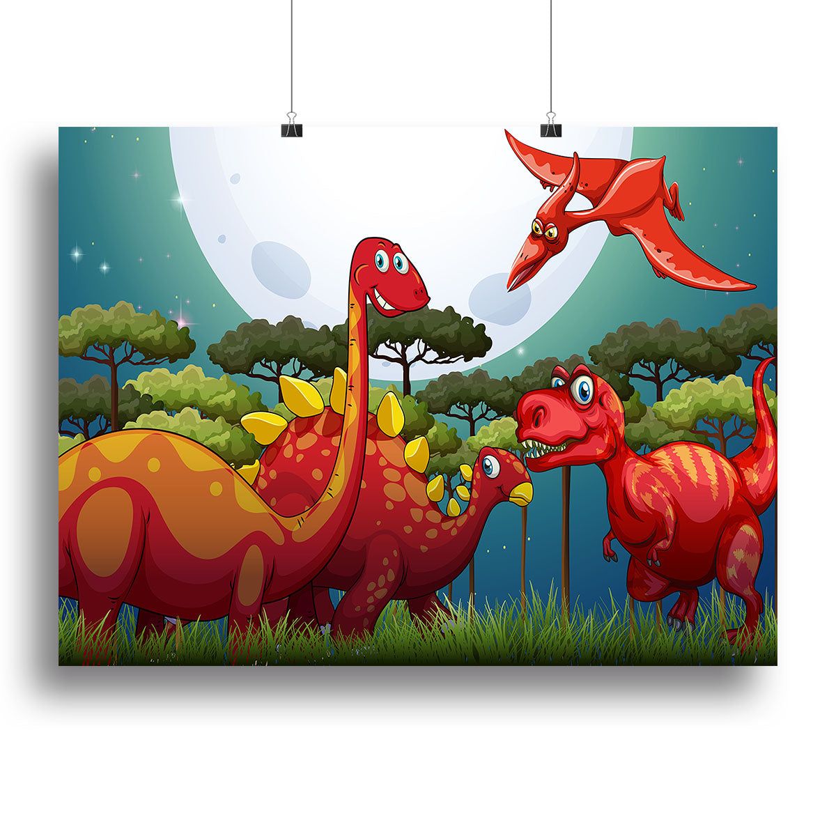 Red Dinosaurs Under Full Moon Canvas Print – High-Quality Wall Art