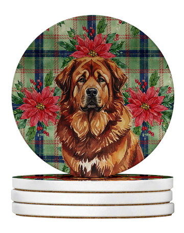 Tibetan Mastiff Christmas Poinsettia Coaster Set