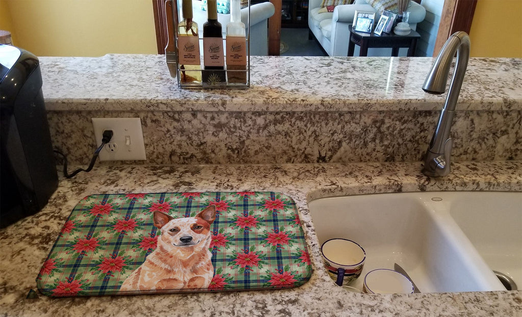 Red Heeler Christmas Poinsettia Dish Drying Mat