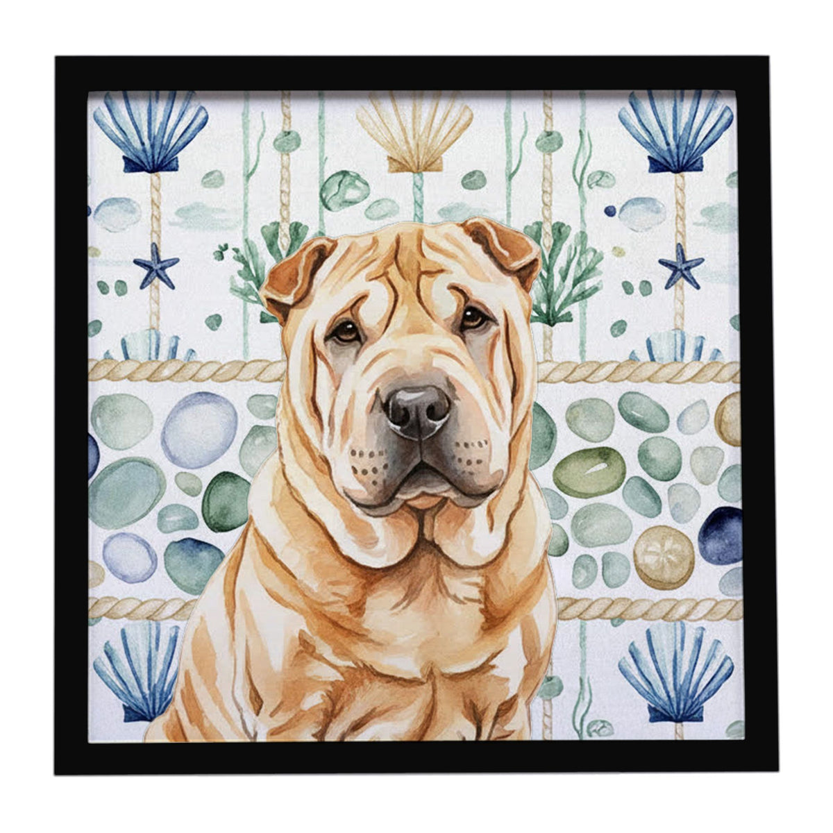 Red Shar Pei Coastal Sea Glass Framed Wall Art