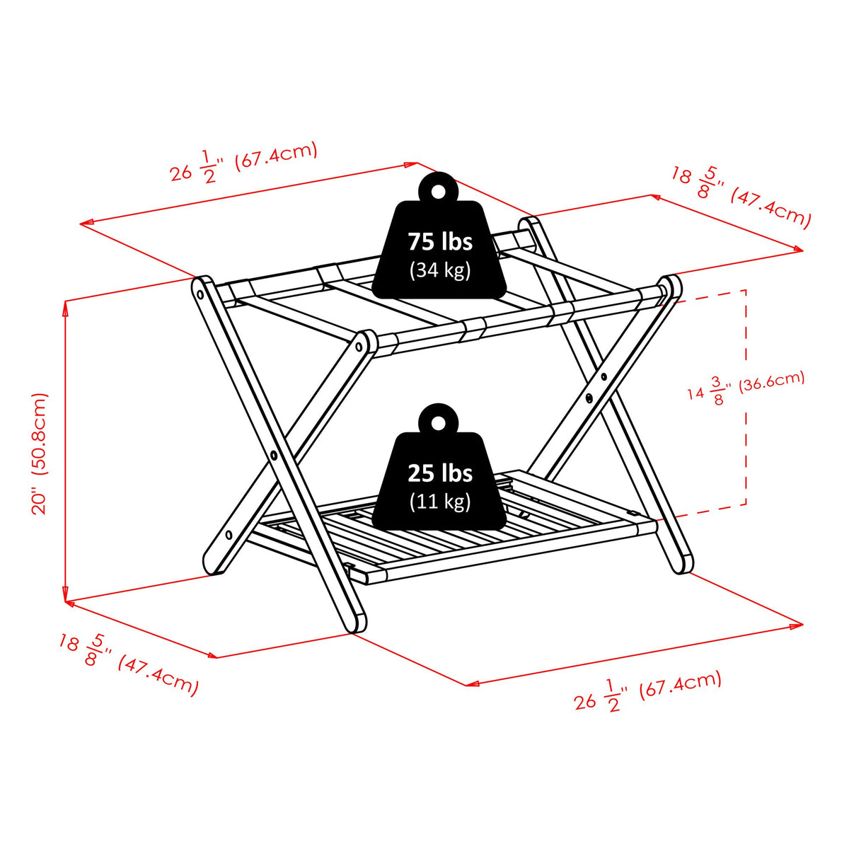 Folding Guest Room Luggage Rack with a Lower Shoe Shelf