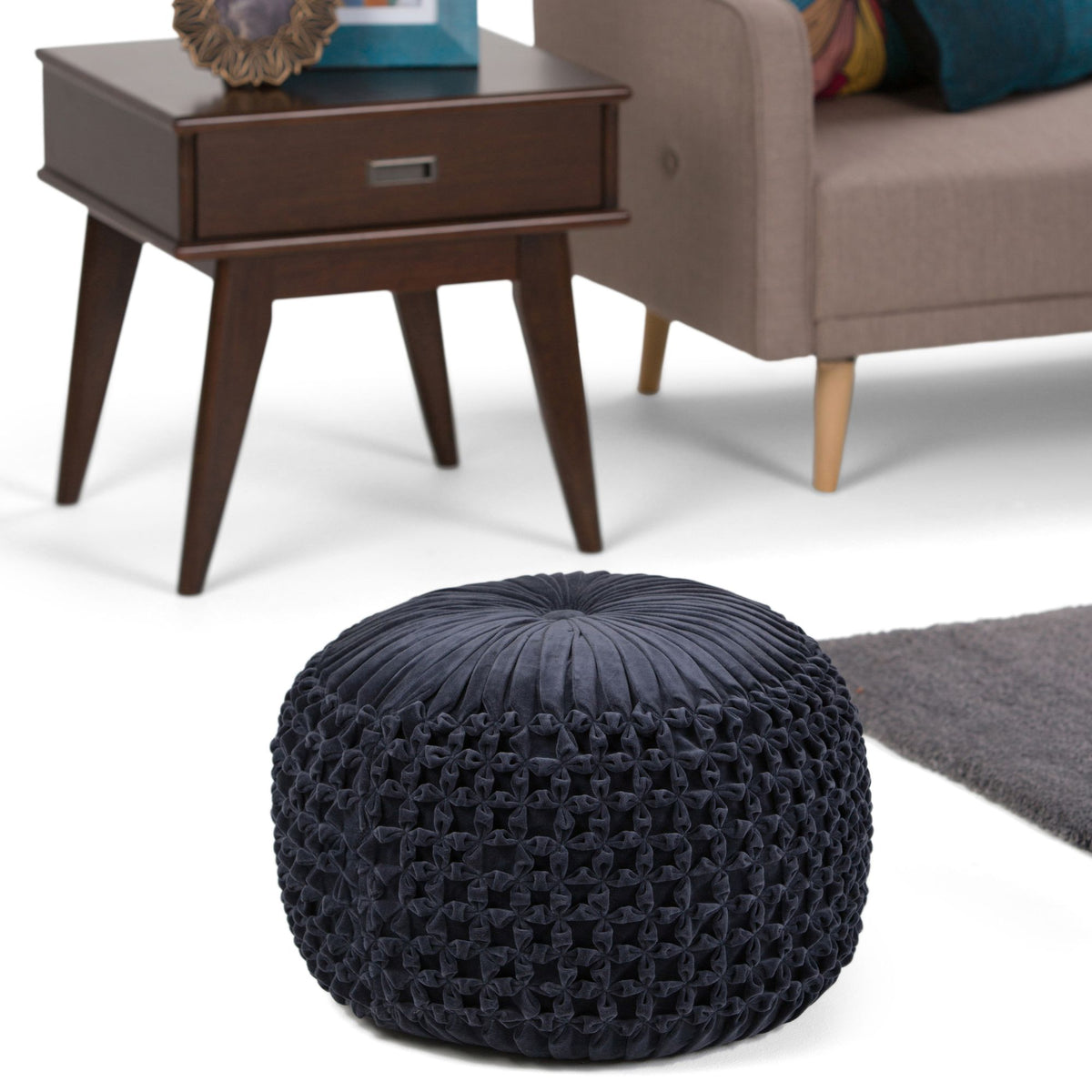 Renee Round Pouf – Deep Navy with Elegant Tufted Top and Sides