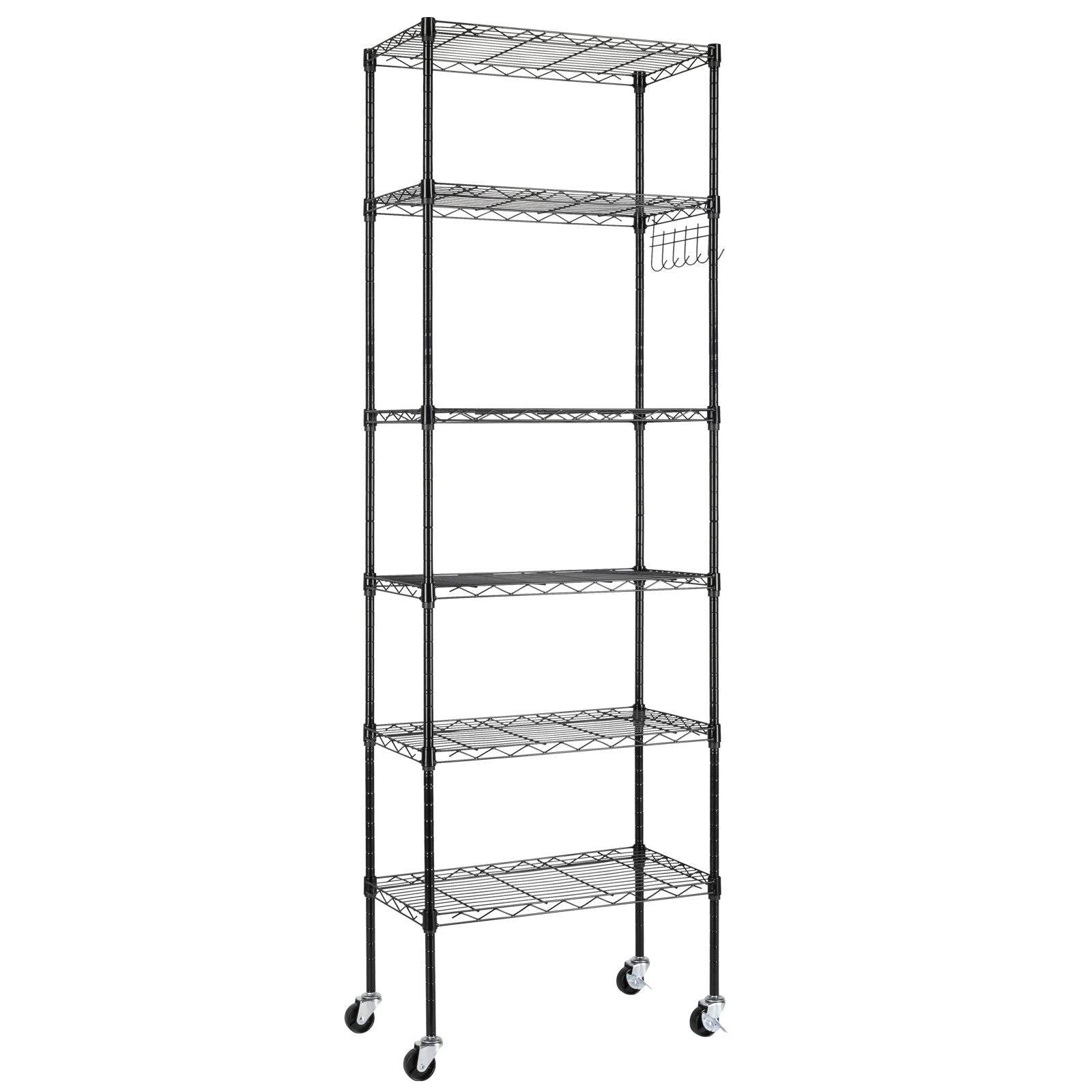 6-Tier Adjustable Carbon Steel Storage Rack with Wheels and Hooks