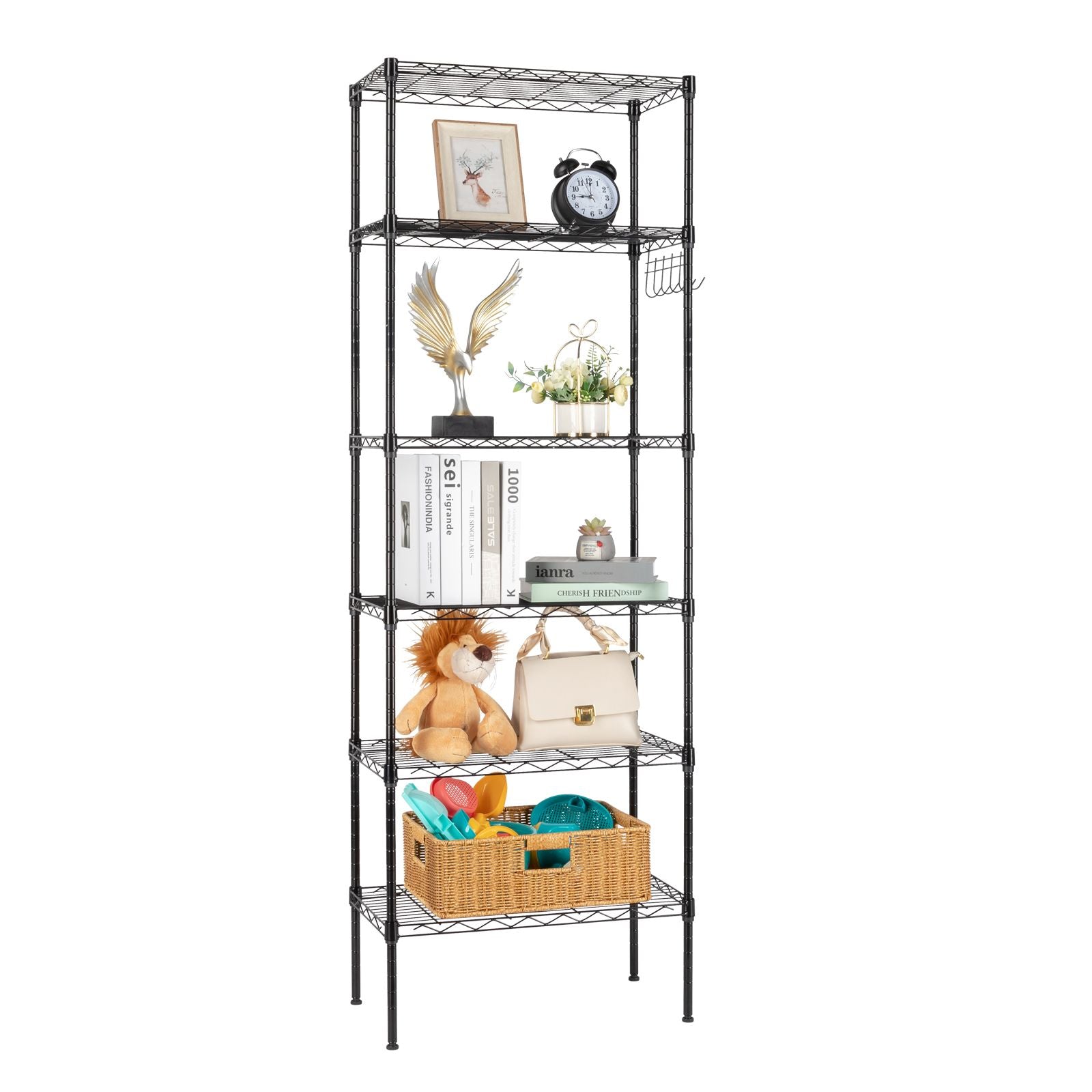 6-Tier Adjustable Carbon Steel Storage Rack with Wheels and Hooks