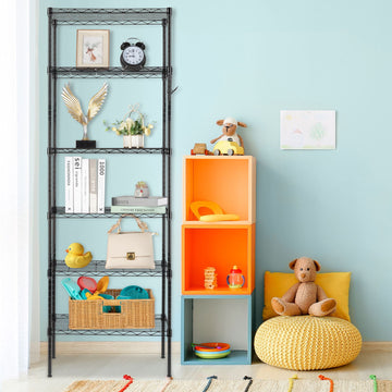 6-Tier Adjustable Carbon Steel Storage Rack with Wheels and Hooks