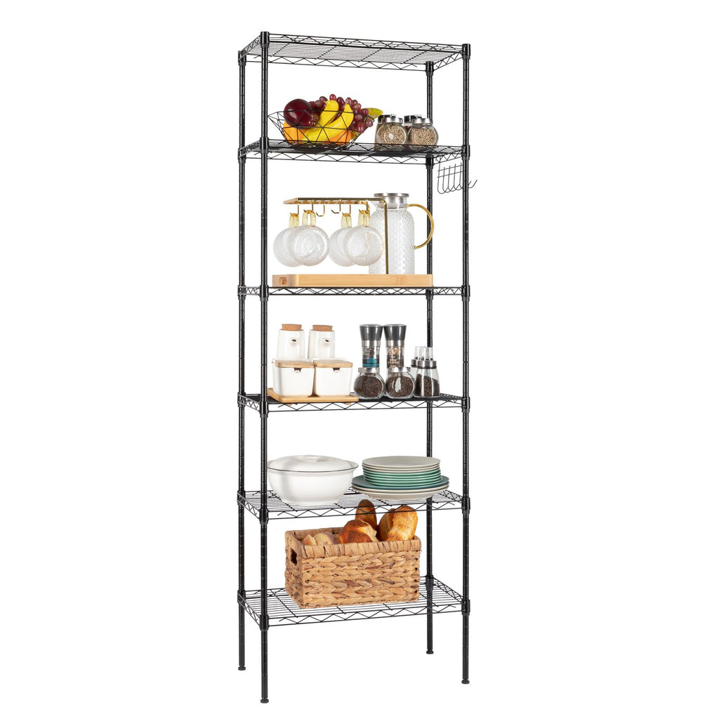 6-Tier Adjustable Carbon Steel Storage Rack with Wheels and Hooks