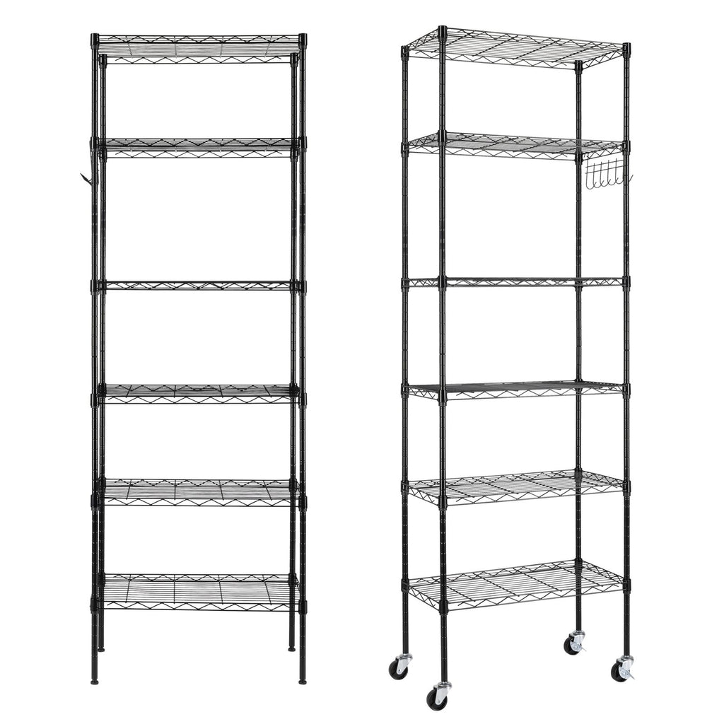 6-Tier Adjustable Carbon Steel Storage Rack with Wheels and Hooks