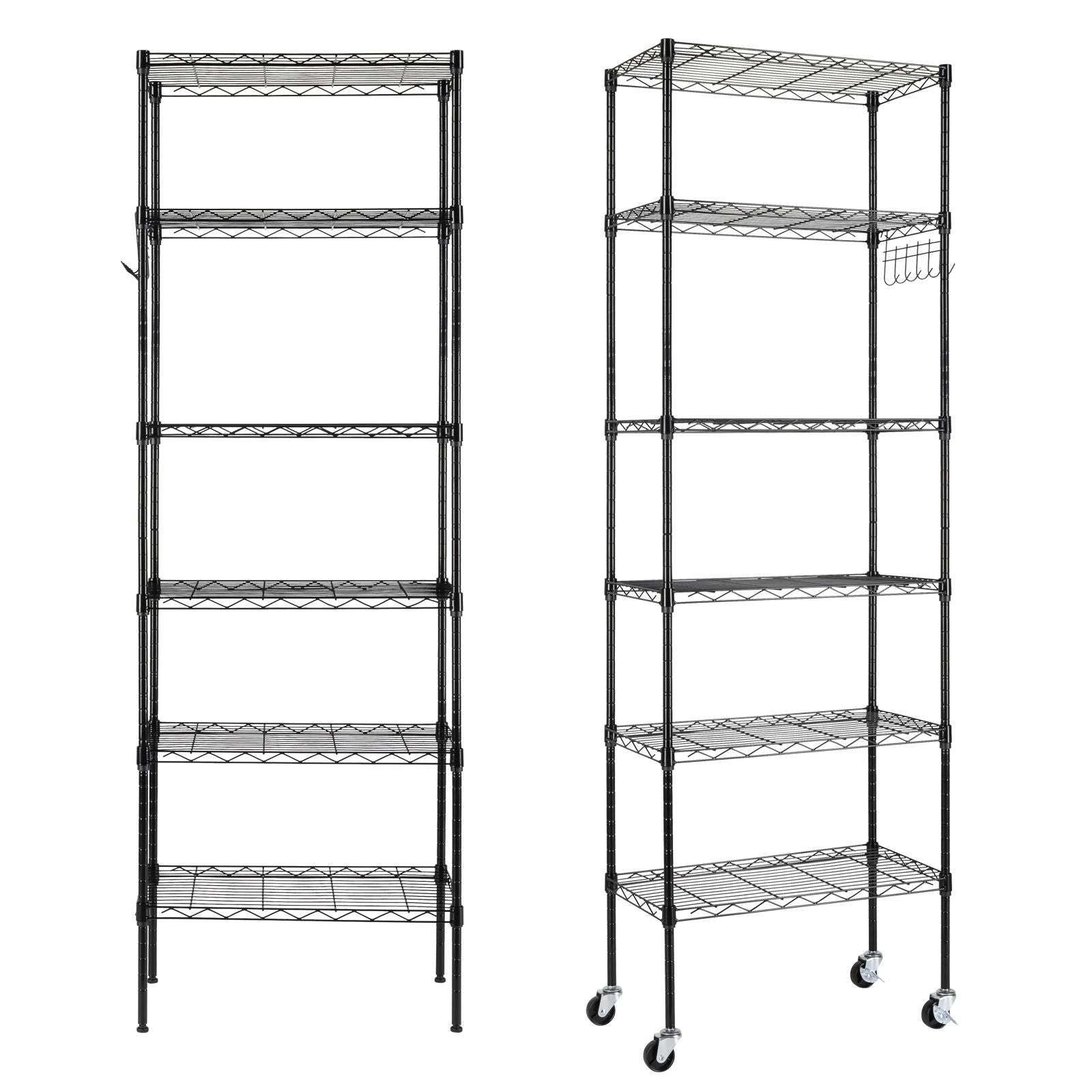 6-Tier Adjustable Carbon Steel Storage Rack with Wheels and Hooks