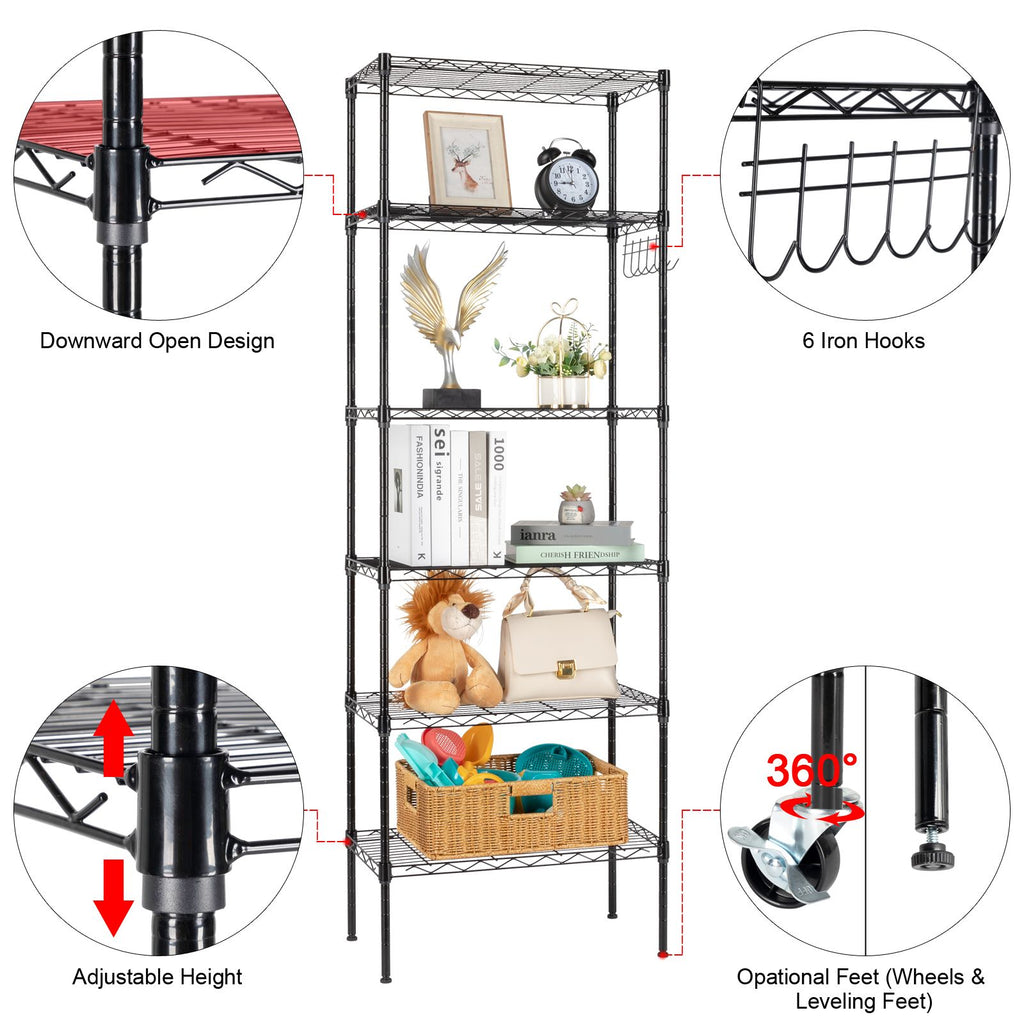 6-Tier Adjustable Carbon Steel Storage Rack with Wheels and Hooks